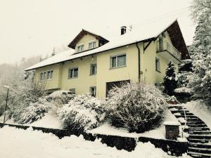 ein schneebedecktes Haus vor der Tür in der Unterkunft Ferienwohnung Dieterle in Wutöschingen