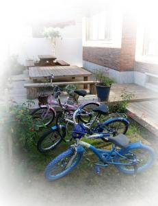a group of bikes parked next to a picnic table at Green Guesthouse in Gwangju