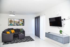 ein Wohnzimmer mit einem Sofa und einem Flachbild-TV in der Unterkunft Torre Real VI in Santiago de los Caballeros