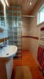 a bathroom with a sink and a glass wall at Ferienhaus in Storfors mit Großem Garten in Storfors