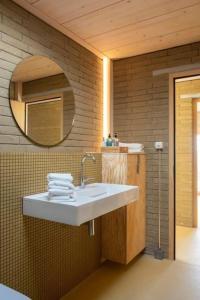 a bathroom with a sink and a mirror at Gästehaus mit See- und Weitblick in Bellerive