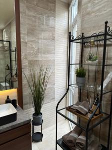 a bathroom with a sink and a shelf with plants at Deluxe Residence Kalibata 8 in Jakarta