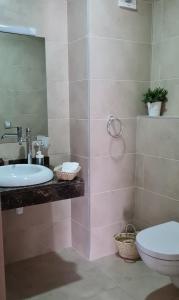 ein Badezimmer mit einem Waschbecken, einem WC und einem Spiegel in der Unterkunft Joli appartement Mohammédia in Mohammedia