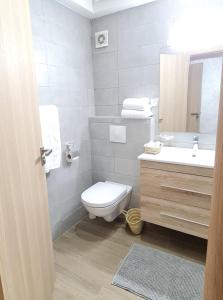 ein Badezimmer mit einem WC, einem Waschbecken und einem Spiegel in der Unterkunft Joli appartement Mohammédia in Mohammedia