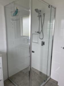 un bagno con box doccia e porta a vetri. di Freyjas Guest Suite a Curra Altre 13 foto