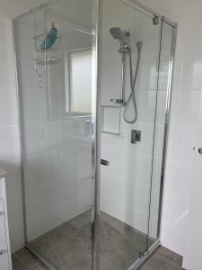 uma cabina de duche com uma porta de vidro na casa de banho em Freyjas Guest Suite em Curra