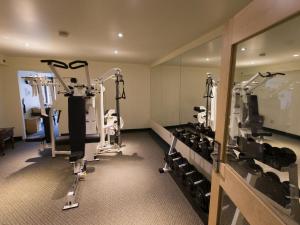 a gym with treadmills and machines in a room at Park Place Lodge in Fernie