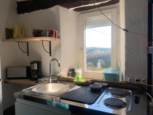 encimera de cocina con fregadero y ventana en Gîte La Valette d'Aurore - animaux bienvenus, 