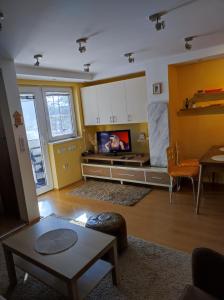 een woonkamer met een flatscreen-tv en een tafel bij Apartman Anka in Divčibare