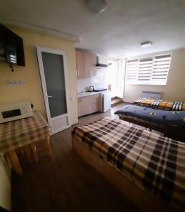 uma sala de estar com 2 camas e uma cozinha em Petite Chambre em Velyatyn