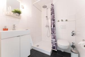 uma casa de banho branca com um chuveiro, um WC e um lavatório. em Haus Baltic Wohnung 20 em Scharbeutz