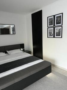 a bedroom with a bed and a mirror on the wall at Pensiunea Max in Cluj-Napoca