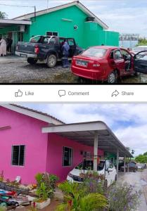 uma casa rosa e verde e um carro estacionado em frente a uma casa em HOMESTAY BY ZIKRY em Kota