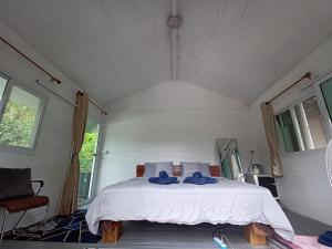 1 dormitorio con 1 cama en una habitación con ventanas en บ้านชายดอย Glamping ดอยแม่แจ๋ม cheason ,Muangpan, Lampang en Ban Mai