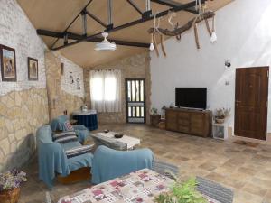 a living room with blue chairs and a television at Casa Carrasquillas in Cañada del Hoyo