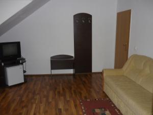 a living room with a couch and a television at Pensiunea Cristiana - Murighiol in Murighiol