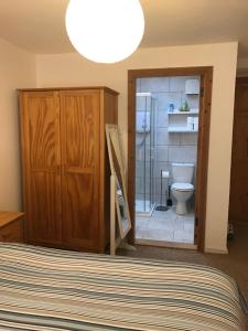 a bedroom with a bathroom with a toilet and a light at Beachcomber Cottages in Ballyconneely