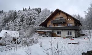 uma cabana de madeira na neve com árvores em Chalet OTT - apartment in the mountains with sauna em Saint-Cergue