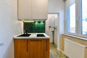 a kitchen with a sink and a green wall at Designer Central Getaway in Cluj-Napoca