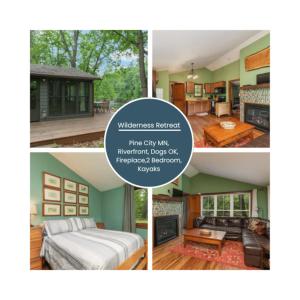 a collage of four pictures of a house at 2 bedroom-Riverfront-Fireplace - Pet ok in Pine City