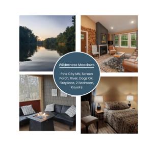 a collage of pictures of a living room and bedroom at Wilderness Meadows in Pine City