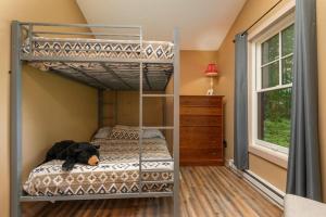 una camera con letto a castello e un orsacchiotto sul letto a castello inferiore di Wilderness Meadows a Pine City