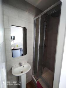 a bathroom with a sink and a shower with a mirror at Hostel Lyonnais in Nice