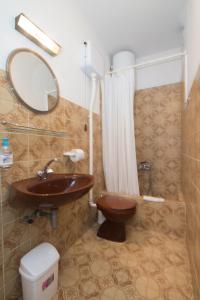 a bathroom with a sink and a toilet and a mirror at Apartments Jelka in Jelsa