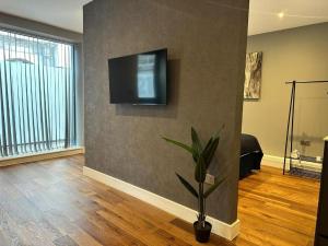 a living room with a flat screen tv on a wall at King Size Bed Central Location Stylish Studio TMS in Brighton & Hove