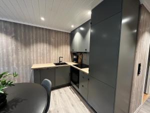 a kitchen with gray cabinets and a table in a room at Ski Lodge Gautefall in Gautefall