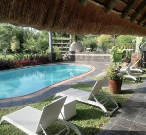 卡萨内The Residence Villa Chobe的游泳池旁设有2把躺椅
