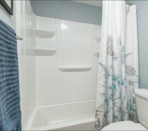 une salle de bain avec un rideau de douche et des toilettes dans l'établissement Glencoe-freshly remodeled-pets ok-4 bedrooms-grill, à Glencoe 13 autres photos
