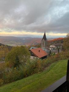 eine Kirche mit einem Kirchturm auf einem Hügel in der Unterkunft L&L Ferienwohnung in Schöfweg