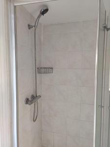 a shower stall with a shower head in a bathroom at Studio on Golders Green Road in London
