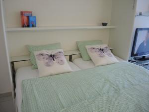 ein Schlafzimmer mit einem Bett mit Kissen und einem TV in der Unterkunft Sibylle in Locarno