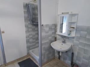 a white bathroom with a sink and a shower at Charmant studio centre bourg in Woincourt