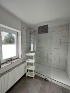 a bathroom with a shower with a shelf and a window at Ferienappartment & Ferienwohnung Banfetal in Bad Laasphe
