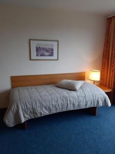 ein Schlafzimmer mit einem Bett und einer Lampe auf einem blauen Teppich in der Unterkunft E 221, Alte Werft 24 in Lübeck