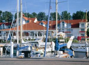 a group of boats docked in a marina with houses at E 221, Alte Werft 24 in Lübeck