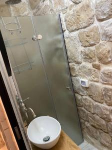 uma casa de banho com um chuveiro e um WC branco em בר יוחאי em Safed