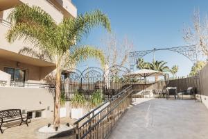 un patio con una valla y una palmera en Nacavi Albir Aparthotel, en Albir