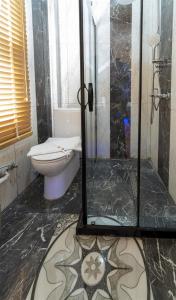 a bathroom with a toilet and a glass shower at THE LITTLE PRINCE BOUTIQUE HOTEL in Antalya