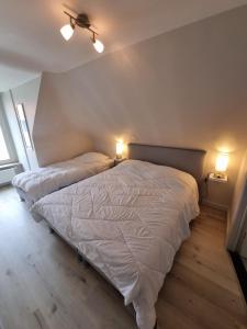 een slaapkamer met 2 bedden en 2 verlichting aan de muur bij Residentie Week-end Elisalaan in Nieuwpoort