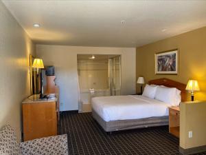 a hotel room with a bed and a television at SureStayPlus Hotel by Best Western San Jose Central City in San Jose