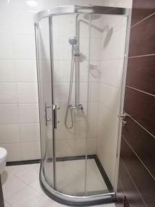 y baño con ducha y puerta de cristal. en اصالة الشروق للشقق المخدومه en Al Khobar