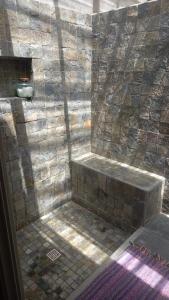 La salle de bains est pourvue d'une douche et d'un mur en pierre. dans l'établissement Brahmanhut - Eco Hut experience in harmony with nature, wellbeing and spirit, à Bain Boeuf