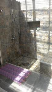La salle de bains est pourvue d'une douche et d'un tapis violet. dans l'établissement Brahmanhut - Eco Hut experience in harmony with nature, wellbeing and spirit, à Bain Boeuf