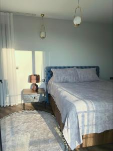 um quarto com uma cama azul e um candeeiro sobre uma mesa em Dreamy Sea View Duplex in Izmit em Izmit