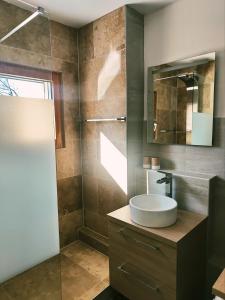 uma casa de banho com um lavatório e um espelho em Beau duplex familial avec jardin clôturé em Douvaine