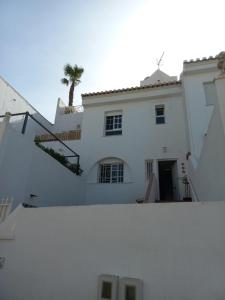 uma casa branca com uma palmeira ao fundo em Casa Gran Tropicana playa a 2 minutos. em Almuñécar